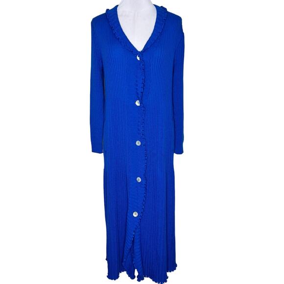 Maria Scotto Wool Blend Robe Sweater Dress MED Blue Midi Rib Knit Lettuce Trim - Picture 1 of 10